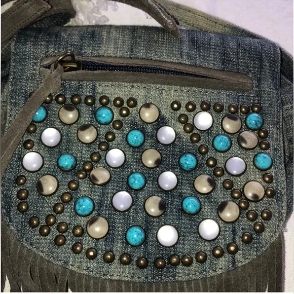 FREE PEOPLE Small Distressed Blue Denim & Gray Leather Fringed Crossbody - Picture 4 of 7